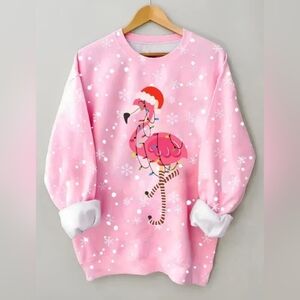 Holiday Lights Flamingo Print Long Sleeve Pullover Tee Sweater lightweight